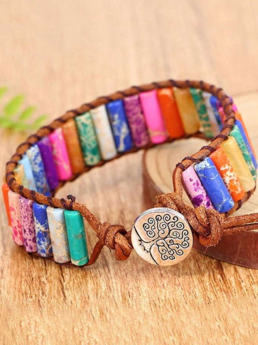 Bohemian cylindrical multicolor Stone Beaded Braided‎ Pu Leather Bracelet